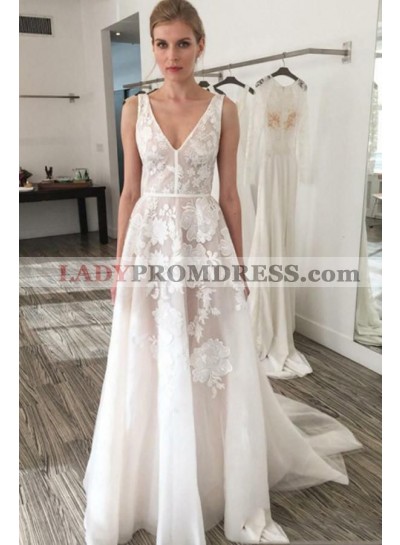 A Line V Neck 2023 Floral Patterns Backless Beach Wedding Dresses