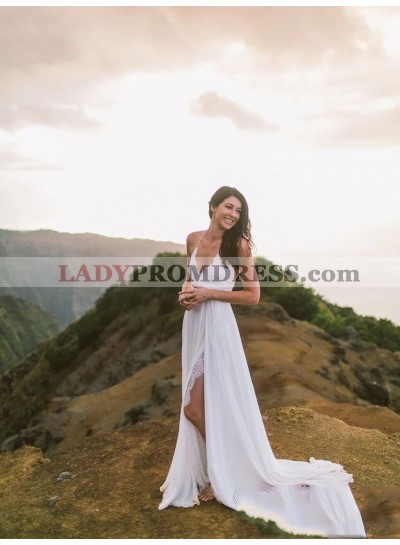 2023 A Line Chiffon Side Slit Lace Halter Backless Beach Wedding Dresses Lace Up