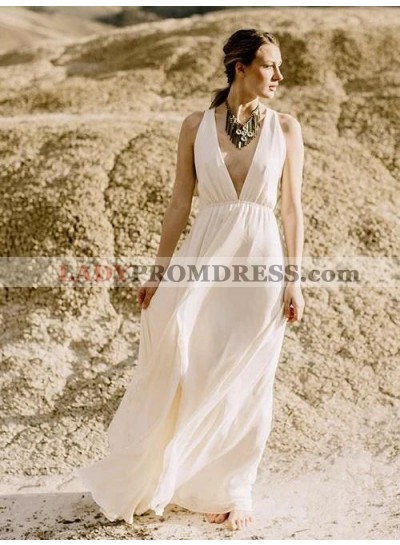 A Line Deep V Neck Chiffon Floor Length Backless 2023 Beach Wedding Dresses
