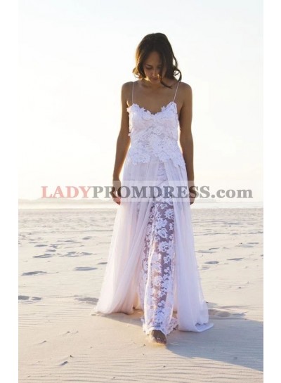 A Line Side Slit Side Spaghetti Straps Backless Beach Wedding Dresses 2023
