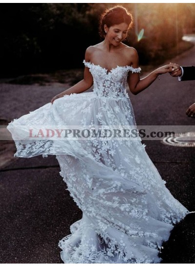 2023 Off Shoulder A Line Sweetheart Side Slit Lace Patterns Beach Wedding Dresses