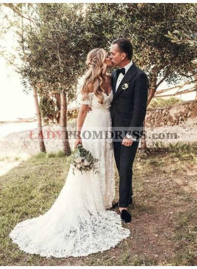 A Line Sweetheart Off Shoulder Long Lace Beach Wedding Dresses 2023