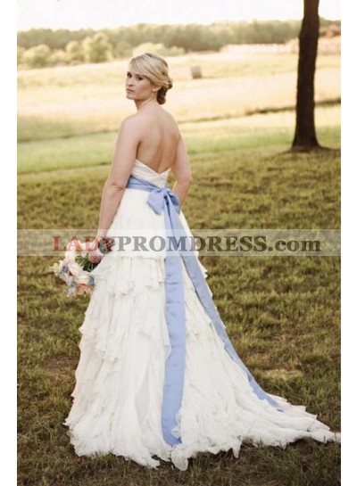 A Line 2023 Sweetheart Chiffon With Blue Belt Ruched Beach Wedding Dresses