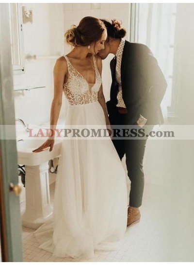 2023 A Line V Neck Beaded Tulle Long Beach Wedding Dresses