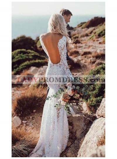 2023 Sexy Sheath Long Sleeves Backless Lace Beach Wedding Dresses