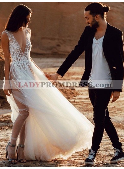 A Line Deep V Neck Tulle Silt Appliques Beach Wedding Dresses 2023