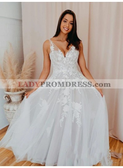 2023 V Neck A Line Backless Tulle Plus Size Beach Wedding Dresses With Appliques