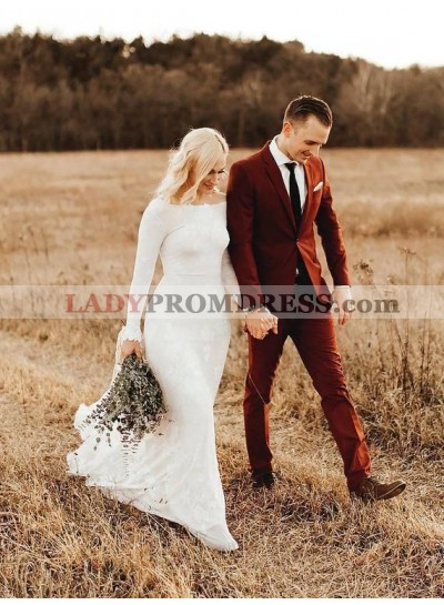 2023 Sheath Long Sleeves Scoop Lace Backless Long Beach Wedding Dresses