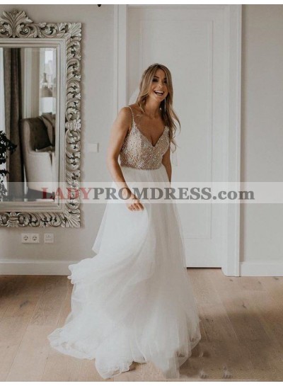 A Line Tulle Sweetheart Beaded Long Beach Wedding Dresses 2023