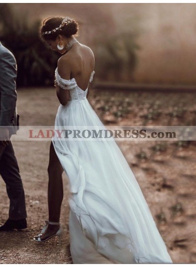 A Line Off Shoulder Sweetheart Chiffon Side Slit Backless Beach Wedding Dresses 2023