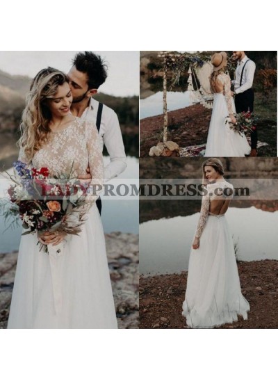 A Line 2023 Long Sleeves Scoop Lace Backless Long Beach Wedding Dresses