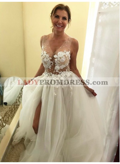 A Line V Neck Side Slit Tulle With Floral Patterns Beach Wedding Dresses 2023