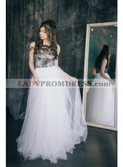 A Line Tulle Black With White Lace Beach Wedding Dresses 2023