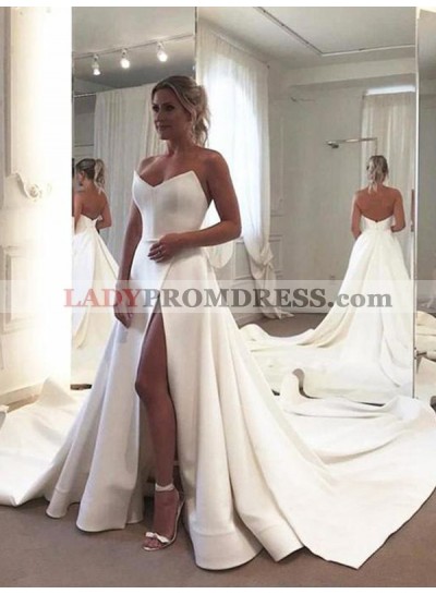 2023 Ivory Sweetheart Satin Side Slit Long Train Natural Waist Wedding Dresses