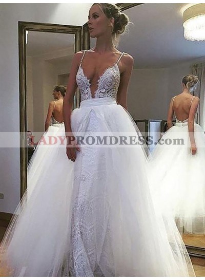 Spaghetti Straps White Sweetheart Lace With Detachable Train Tulle Backless Wedding Dresses