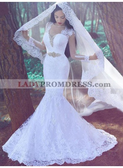 Mermaid White Long Sleeves Lace Beaded Belt Chapel Train Top Mesh Wedding Dresses