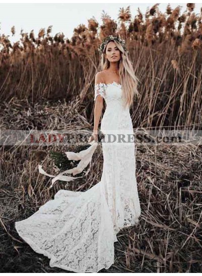 Off Shoulder Lace Long Train Sweetheart Out Door 2023 Beach Wedding Dresses