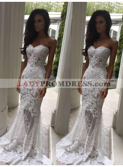 2023 Sheath Sweetheart Lace Mesh With Appliques Sweep Train Wedding Dresses