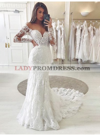 2023 Lace Long Sleeves Off Shoulder Sweetheart Chapel Train Wedding Dresses