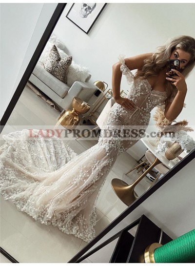 Dusty Rose Off Shoulder Sweetheart Chapel Train Tulle With Appliques Wedding Dresses