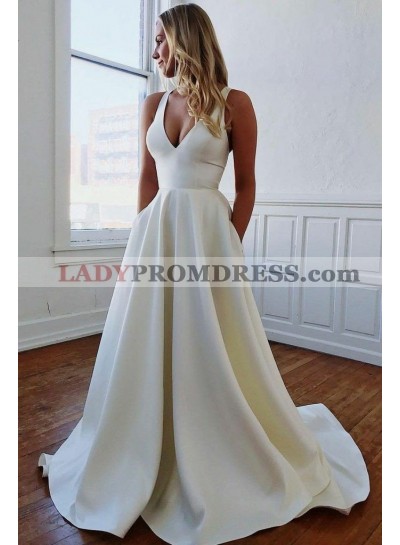 Satin A Line Bowknot Back Halter Natural Waist Sweep Train Wedding Dresses 2023