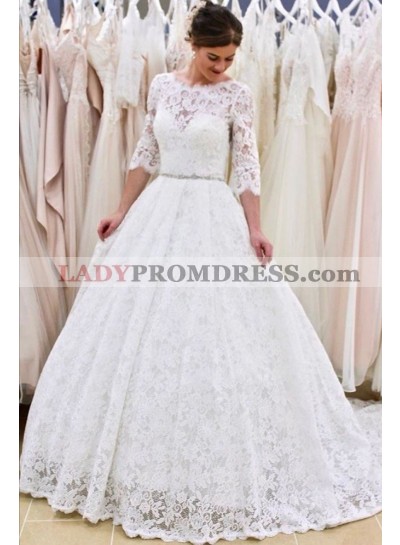 A Line Round Neck Long Sleeves Backless Beaded Sash Lace Wedding Dresses 2023