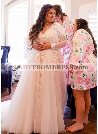 2023 A Line V Neck Tulle Long Sleeves With Appliques Plus Size Wedding Dresses