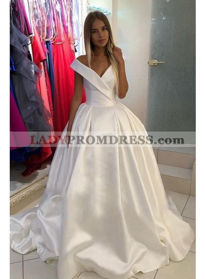 2023 Ivory Off Shoulder Lace Up Back Satin Chapel Train Long Ball Gown Wedding Dresses