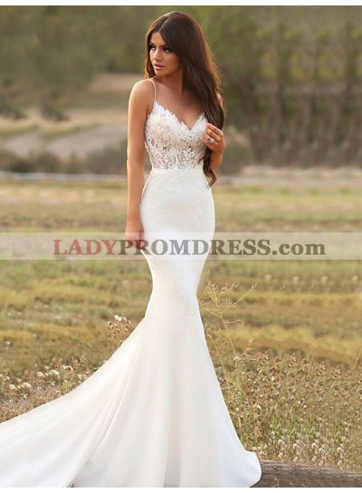 Mermaid Sweetheart Spaghetti Straps Satin Lace Empire Chapel Train Wedding Dresses 2023