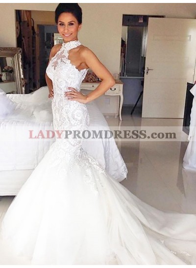 Mermaid High Neck Tulle With Lace Long Wedding Dresses 2023