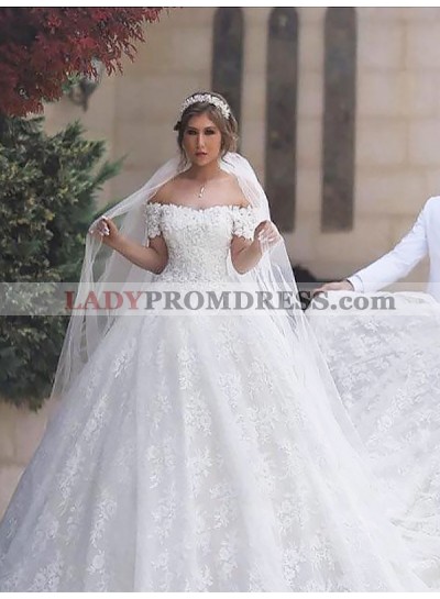 2023 Off Shoulder Lace Up Back White Capped Sleeves Sweetheart Long Lace Ball Gown Wedding Dresses