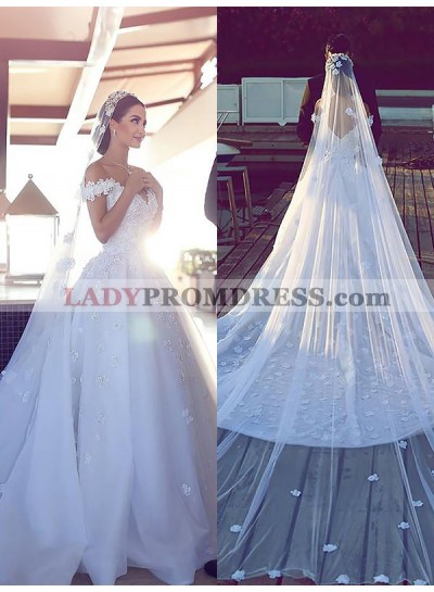 2023 Sweetheart A Line Organza White Off Shoulder Flower Patterns Long Wedding Dresses