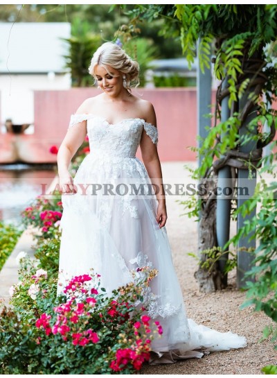 A Line Off Shoulder Ivory Sweetheart Tulle With Floral Patterns Beach Wedding Dresses 2023