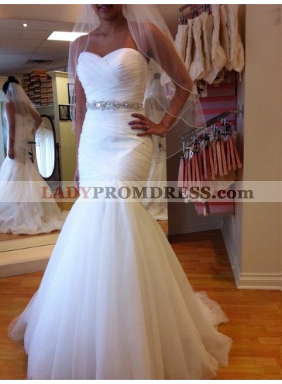 White Mermaid Lace Up Back Beaded Sash Sweetheart Ruched Tulle Wedding Dresses