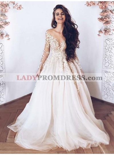 A Line Tulle With Appliques Sweetheart Sweep Train Beach Wedding Dresses 2023
