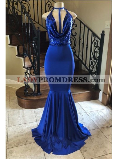 2023 Royal Blue Mermaid Halter Sequence Deep V Neck Long Prom Dress