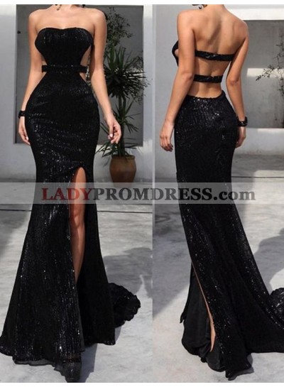 Black Mermaid Side Slit Backless Sequence Sweetheart Long Prom Dress 2023
