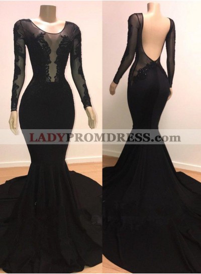 Black 2023 Scoop Long Sleeves Mermaid Appliques Long Prom dress