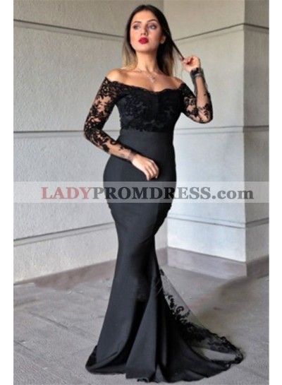 2023 Black Off Shoulder Lace Long Sleeves Appliques Long Prom Dress