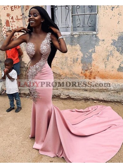 2023 Pink One Shoulder Beaded Mermaid Long Train See Through Prom Dress