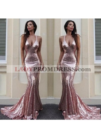 2023 Pink Mermaid Sequence V Neck Long Prom Dress