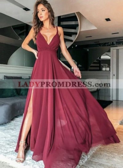 2023 A Line Chiffon Burgundy V Neck Floor Length Side Slit Prom Dress