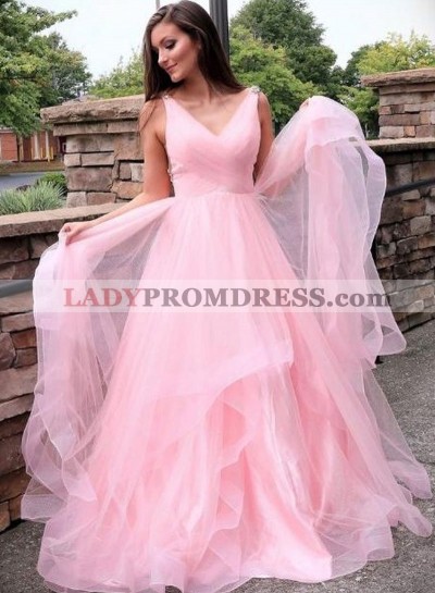 2023 Pink A Line V Neck Tulle Beaded Ruffles Long Prom Dress