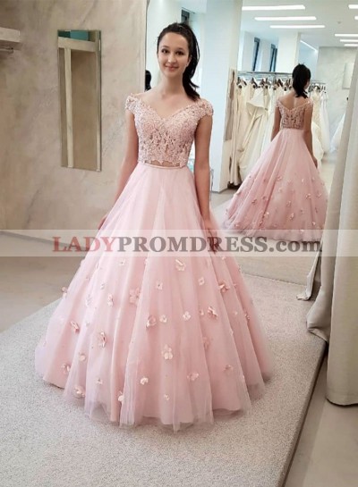 2023 A Line Pink Two Pieces Off Shoulder Lace Floral Tulle Long Prom Dress
