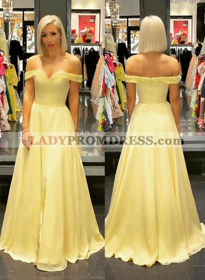 2023 A Line Chiffon Daffodil Off Shoulder Sweetheart Long Prom Dress