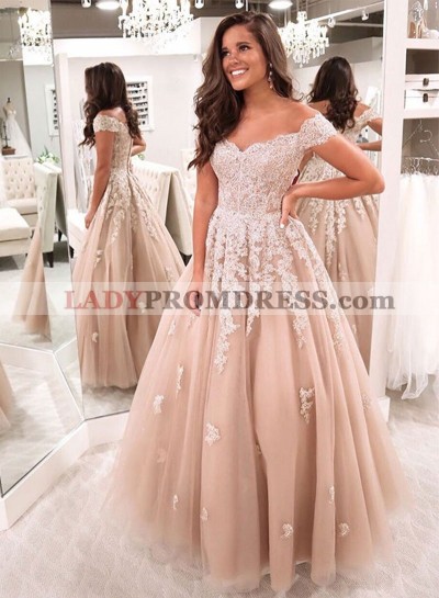 2023 Champagne A Line Tulle Off Shoulder Sweetheart Appliques Long Prom Dress