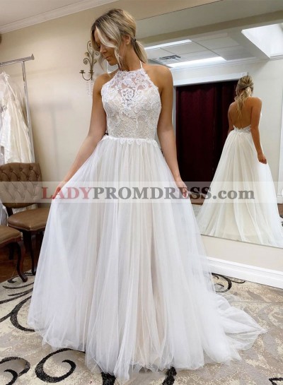 A Line White Hater Tulle With Lace Backless Long Prom Dress 2023