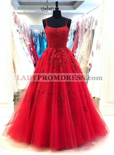 2023 A Line Red Scoop Tulle With Appliques Long Prom Dress