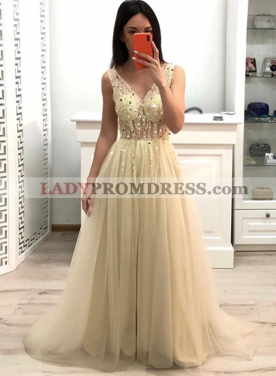 2023 A Line V Neck Tulle Beaded Long Ivory Prom Dress