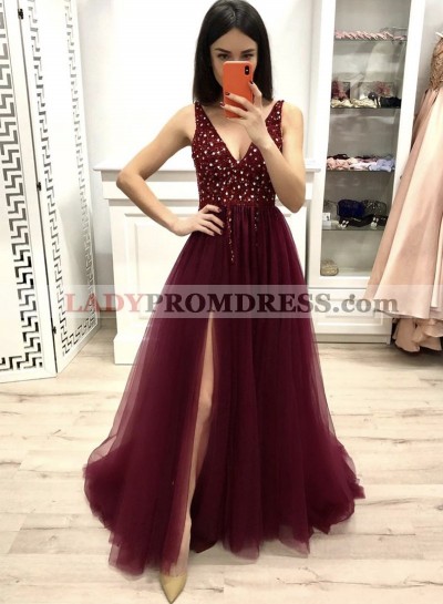 2023 A Line V Neck Tulle With Beaded Burgundy Side Slit Prom Dress